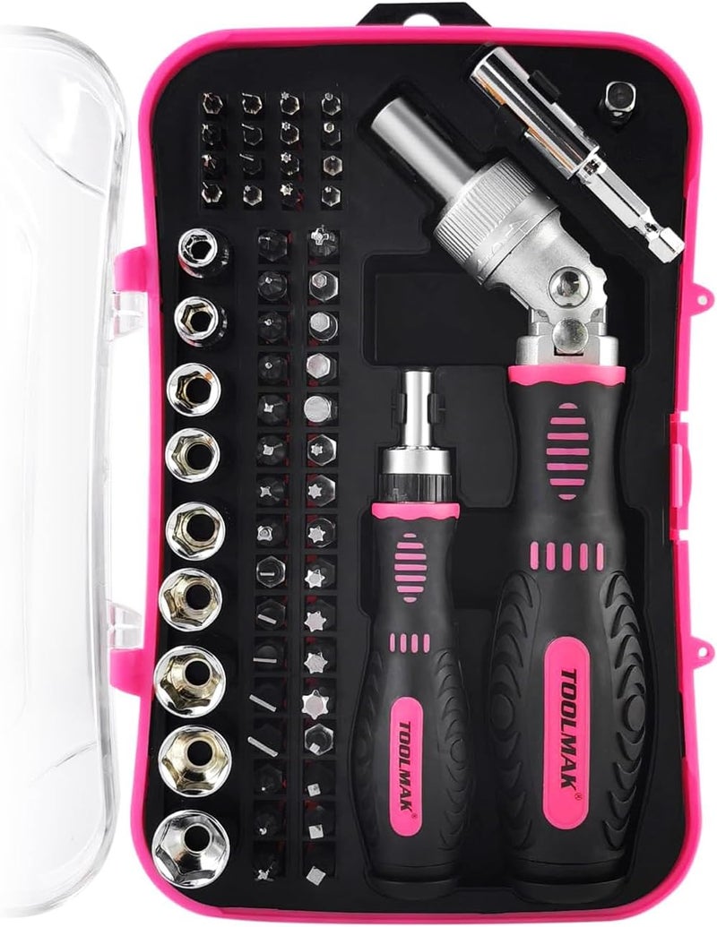 TOOLMAK Ratcheting Screwdriver Set 61pcs Socket Set & Screwdriver Bit Set with Rotatable Ratchet Handles ＆ Storage Case, Household Repair Tool Kits for Bike-Pink - Image 1